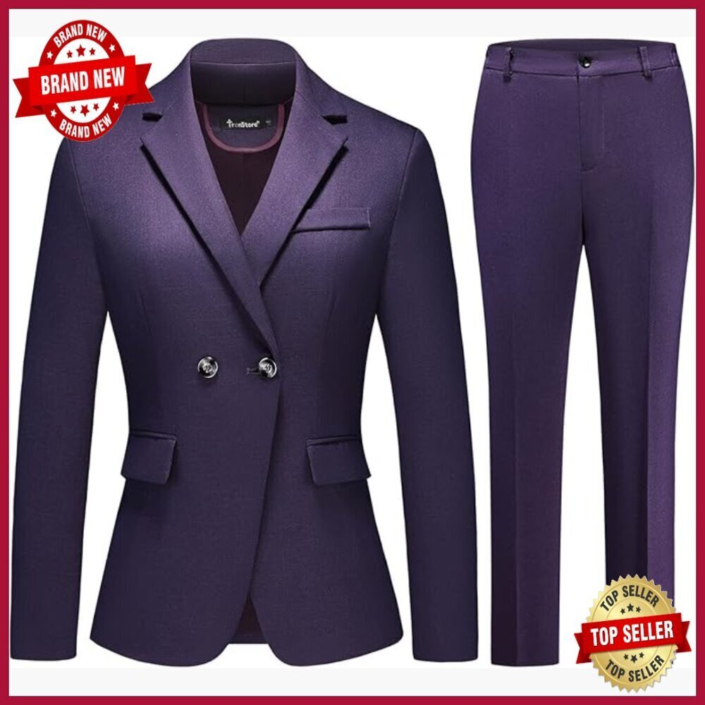 Women's Plaid Suit Set Blazer Pants Office Work Business Attire